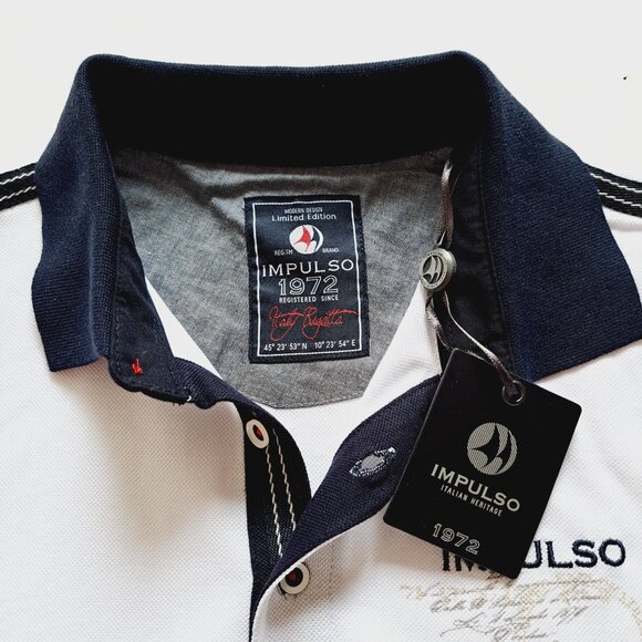 New Men's Impulso Italian While Blue Short Sleeves 100% Cotton Polo Shirt Size M - Picture 11 of 16